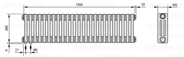 Схема (чертеж) Радиатор Zehnder Charleston 3026/24 №3370 Белый глянцевый RAL 9016